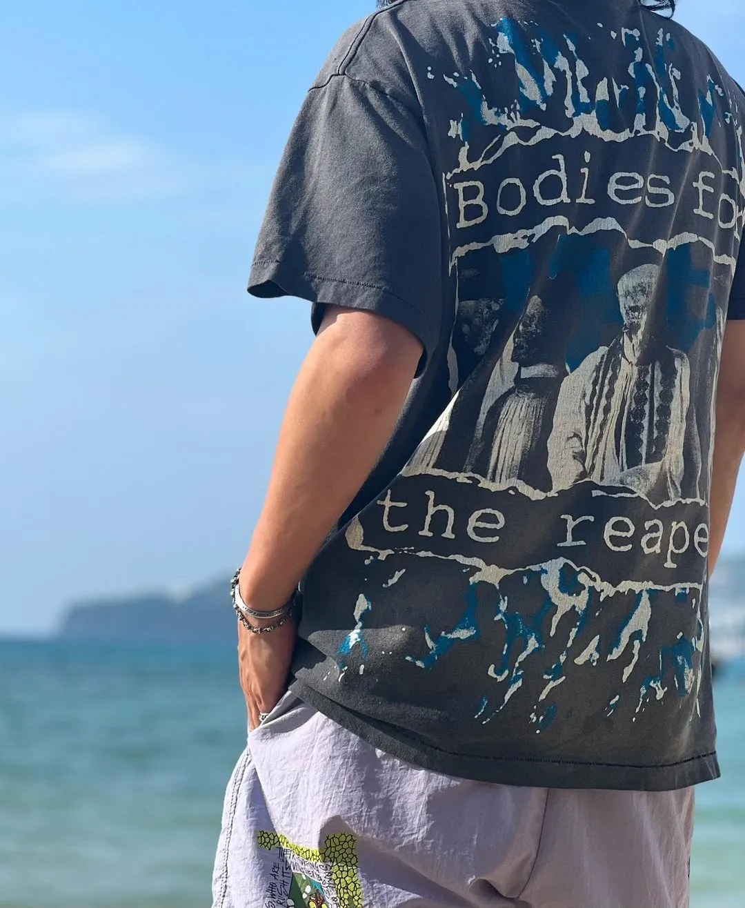 SAINT MICHAEL SS TEE/B FOR REAPER Jesus Hell's Angels Washed and Distressed Short Sleeves Washed Black S-XL Garment Dyed Printed Washed and Distressed